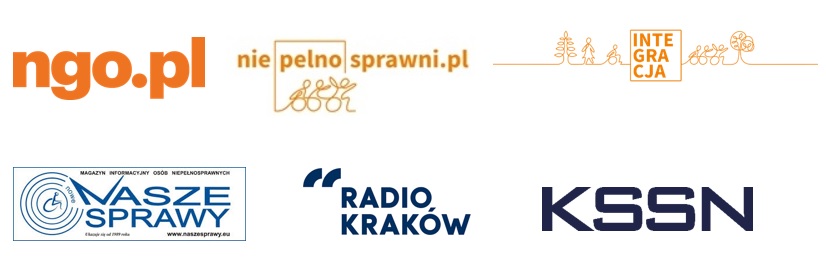 logotypy partnerów medialnych: NGO, niepełnosprawni.pl, Fundacja Integracja, naszesprawy.eu, Radio Kraków, KSSN.