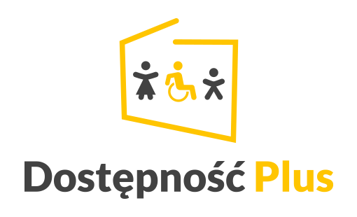 logo Dostępność Plus. Logo to żółty kontur Polski. W środku konturu są graficzne trzy postaci - od lewej: czarna postać kobieca, żółta postać osoby siedzącej na wózku inwalidzkim i postać mężczyzny.