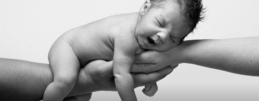 Noworodek leżący na dłoniach ojca i matki, zdjęcie czarno-białe