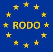 Fragment flagi europejskiej z charakterystycznymi gwiazdami i napis RODO