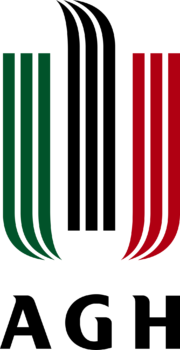 Logo Akademii Górniczo-Hutniczej w Krakowie. Logo AGH znajduje się na białym tle. Posiada kolejno zieloną, czarną i czerwoną przerywaną wstęgę. Czarna skierowana jest ku górze, zelona i czerwona ku dołowi i w swoim kierunku. Pod nimi znajduje się pogrubiony, czarny napis AGH. 