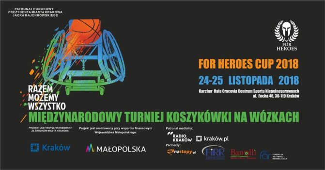 Grafika promująca Międzynarodowy turniej koszykówki na wózkach For Heroes Cup 2018