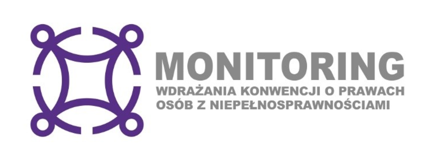 zdjęcie przedstawia logotyp monitoringu, na białym tle znajduje się tekst monitoring wdrażania konwencji oraz fioletowy znak