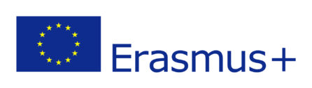 zdjęcie przedstawia logotyp Erasmusa, na białym tle jest niebieski napis, obok znajduje się flaga unii europejskiej