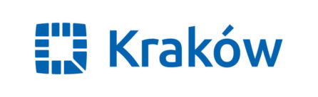 logotyp Gminy miejskiej kraków, na białym tle niebieski kwadrat oraz napis Kraków