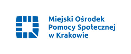 logotyp Miejskiego ośrodka pomocy społecznej w Krakowie, na białym tle niebieski kwadrat oraz napis miejski ośrodek pomocy społecznej w Krakowie