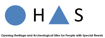 logotyp międzynarodowego projektu, który realizuje nasza fundacja - OHAS - Niebieskie wypełnione koło - O, H czarne, drukowane, niebieski wypełniony trójkąt - A oraz czarne drukowane S - OHAS - Opening Heritage and Art Sites for People with Special Needs.