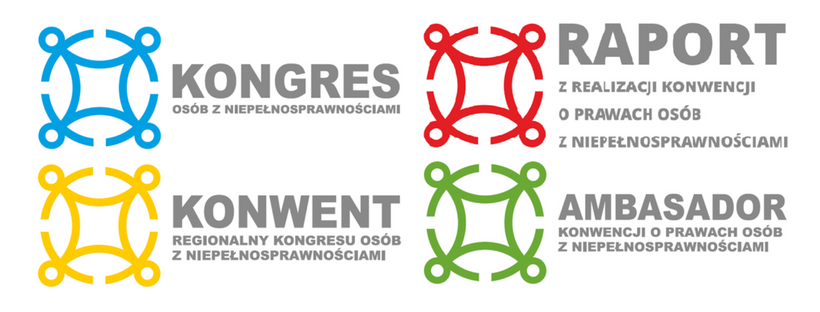 logotypy kongresu osób z niepełnosprawnościami, konwentów regionalnych oraz raportu z realizacji konwencji i ambasadora konwencji o prawach osób z niepełnosprawnościami