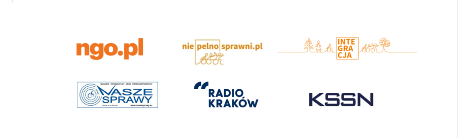 logotypy partnerów medialnych konkursu: niepelnosprawni.pl, radio Kraków, KSSN, NGO, fundacja integracja, naszesprawy.eu