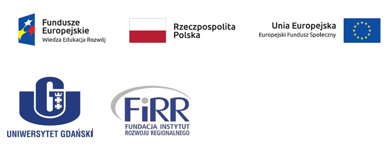 logotypy: funduszy europejskich - wiedza edukacja rozwój; flaga Rzeczpospolitej Polskiej, Uniiw europejskiej - europejskiego funduszu społecznego, Uniwersytetu Gdańskiego oraz Fundacji Instytut Rozwoju Regionalnego