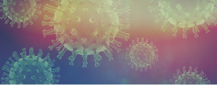 na różowo-niebieskim tle cząstki wirusa covid-19. cząstki są w kształcie kuli, z której wystają niedługie wypustki