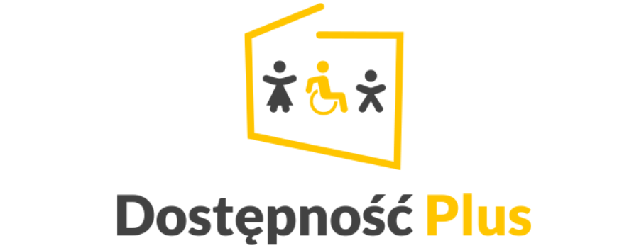 logo Dostępność Plus. Logo to żółty kontur Polski. W środku konturu są graficzne trzy postaci - od lewej: czarna postać kobieca, żółta postać osoby siedzącej na wózku inwalidzkim i postać mężczyzny.