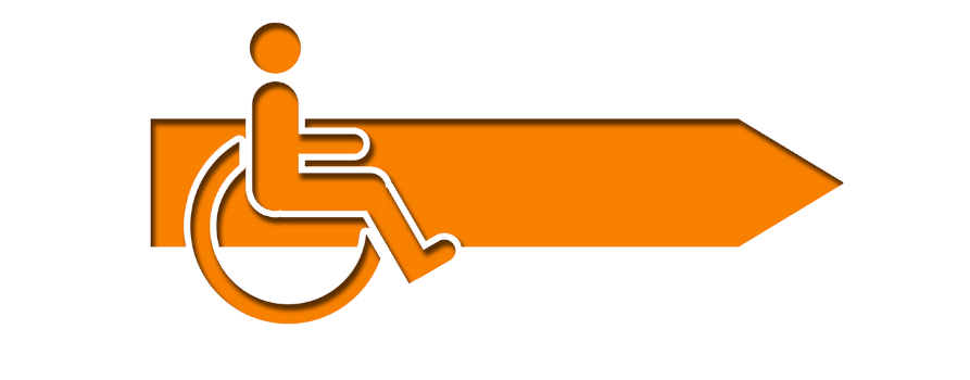 grafika. na białym tle żółta postać na wózku inwalidzkim