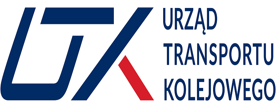 logo Urzędu Transportu Kolejowego Niebieski napis na białym tle Po lewej stronie kreski pionowe i poziome, tworzące skrót UTK