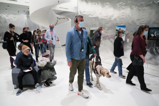 Zwiedzający z niepełnosprawnością wzroku idą przez galerie prac Wilhelma Sasnala. Większość porusza się za pomocą białych lasek, jeden mężczyzna idzie z psem przewodnikiem. 