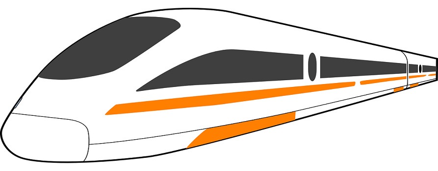 Nowoczesny pociąg w kolorze białym z pomarańczowymi liniami