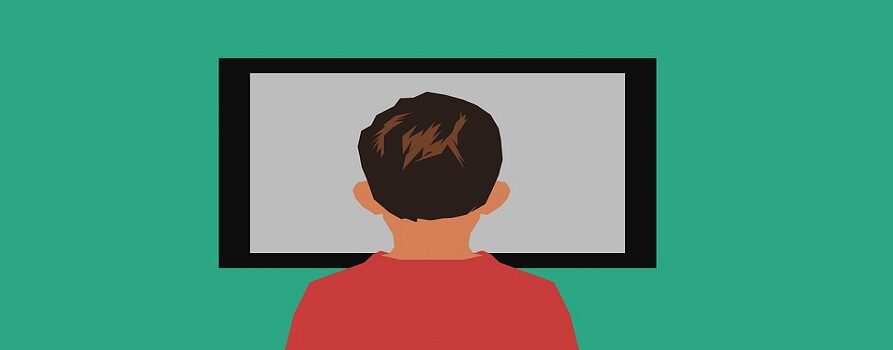 Grafika, przedstawiająca chłopca, oglądającego TV, uchwyconego od tyłu.