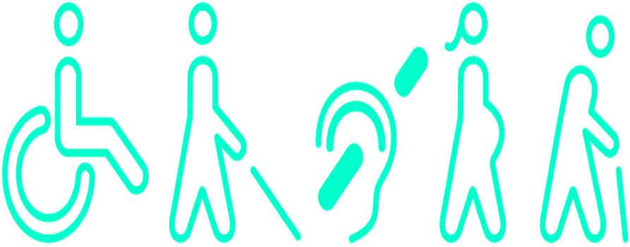 Piktogramy, symbolizujące osoby ze szczególnymi potrzebami: niepełnosprawność ruchową, wzroku, słuchu, kobietę w ciąży oraz osobę w starszym wieku