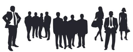 Czarno-biała grafika, przedstawiająca sylwetki kobiet i mężczyzn, udających się do pracy