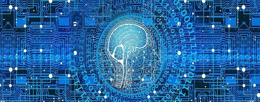 komputerowe układy elektroniczne, w środku ludzka głowa, niebieska kolorystyka. symbolizuje rozwój technologii na rzecz człowieka