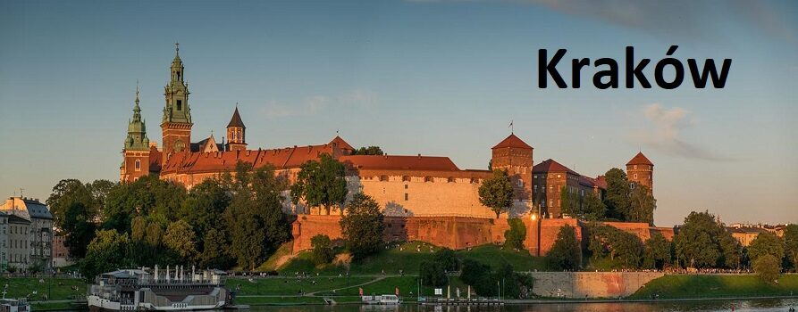 Panorama Krakowa z widokiem na zakole Wisły oraz Wawel o zmierzchu