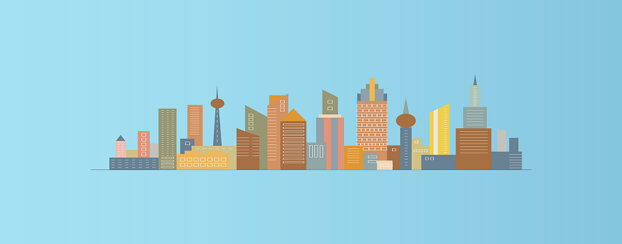 Grafika symbolizująca miasto. Kolorowe budynki na niebieskim tle