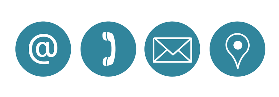 Piktogramy, symbolizujące różne formy kontaktu z urzędem: mail, telefon, list, osobiste stawiennictwo