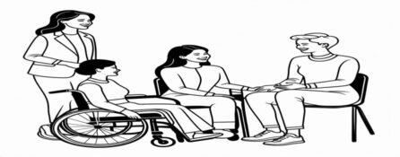 Kobiety z różnymi niepełnosprawnościami, w tym jedna poruszająca się wózku. Są w trakcie spotkania, rozmawiają