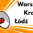 rysunek megafonu, z którego płyną słowa: Warszawa, Kraków, Łódź