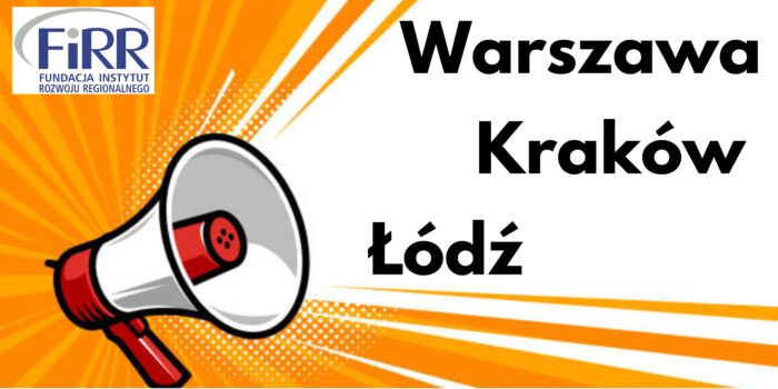 rysunek megafonu, z którego płyną słowa: Warszawa, Kraków, Łódź