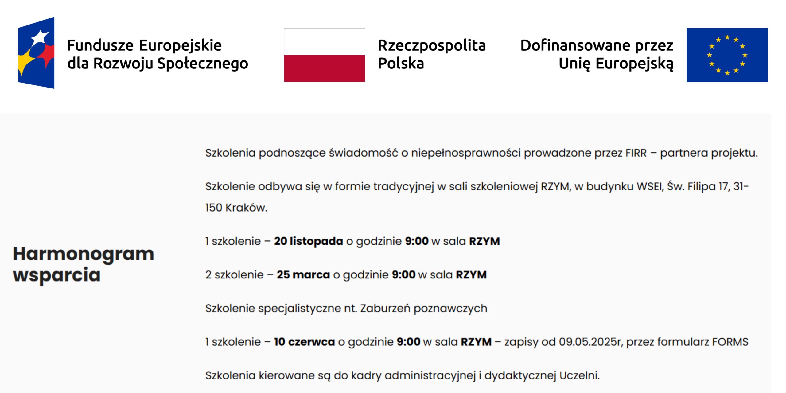 harmonogram wsparcia w projekcie